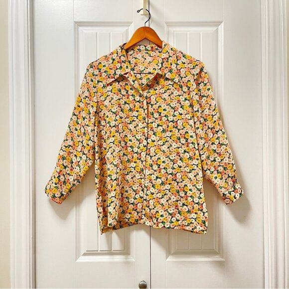 Vintage Tops - Vintage Floral Long Sleeve Button-Up Blouse Yellow